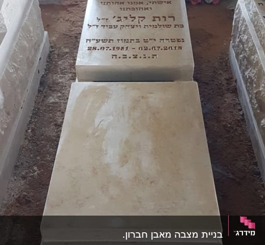 מצבות אבן עם כיתוב בעברית ופרחים